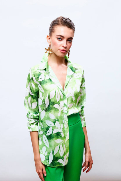 Chemise à manches longues motif feuille - Vert