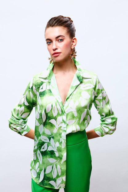 Chemise à manches longues motif feuille - Vert