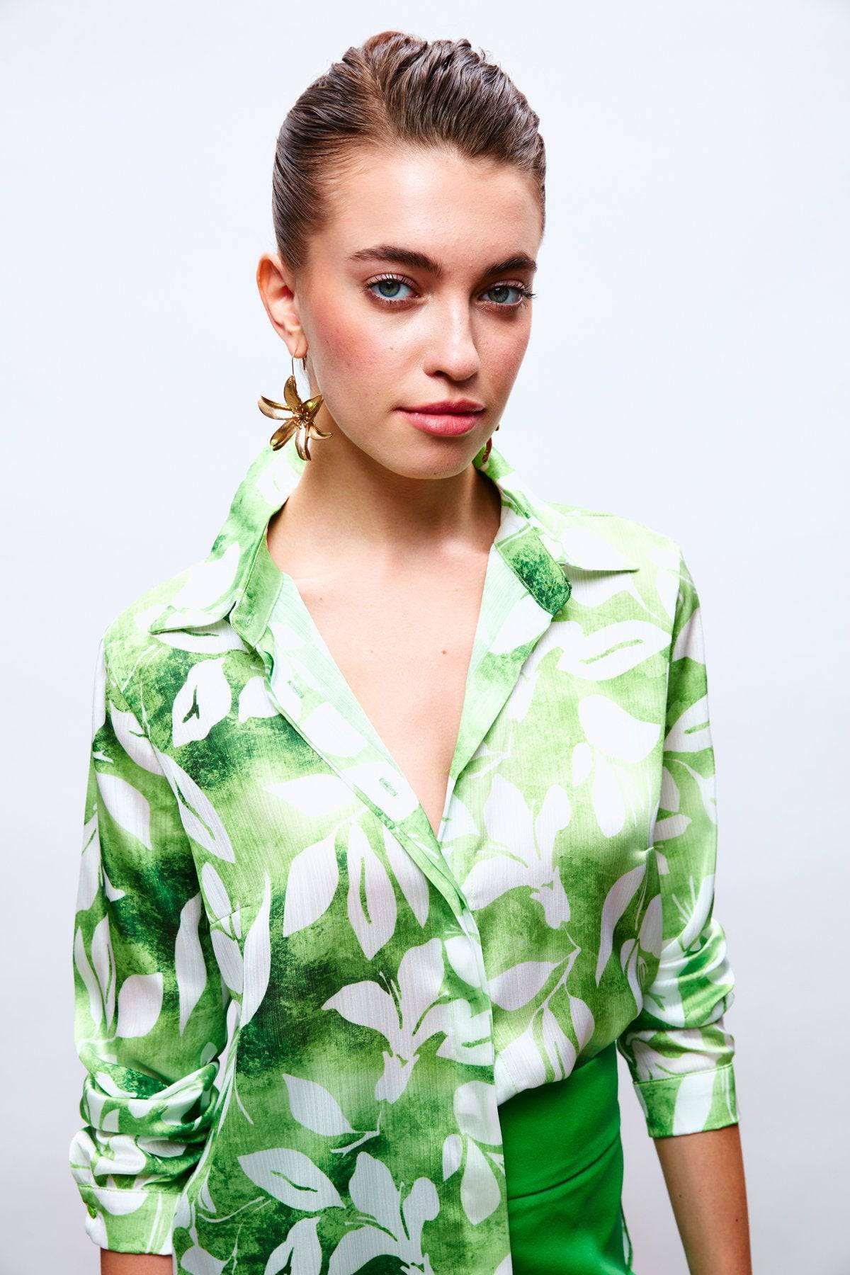 Chemise à manches longues motif feuille - Vert