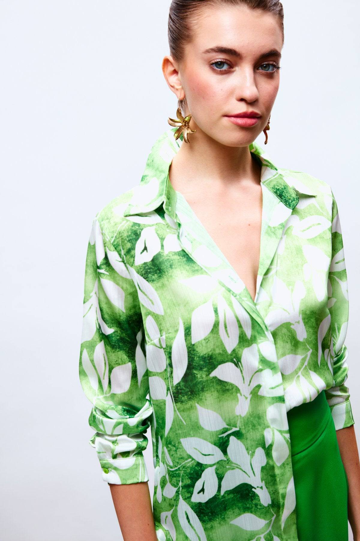 Chemise à manches longues motif feuille - Vert