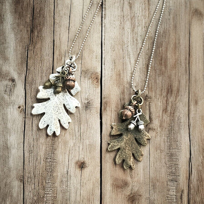 Collier Feuille de Chêne & Gland – Pendentif Forêt Ton Argent ou Bronze