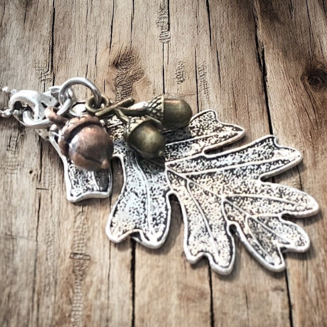 Collier Feuille de Chêne & Gland – Pendentif Forêt Ton Argent ou Bronze