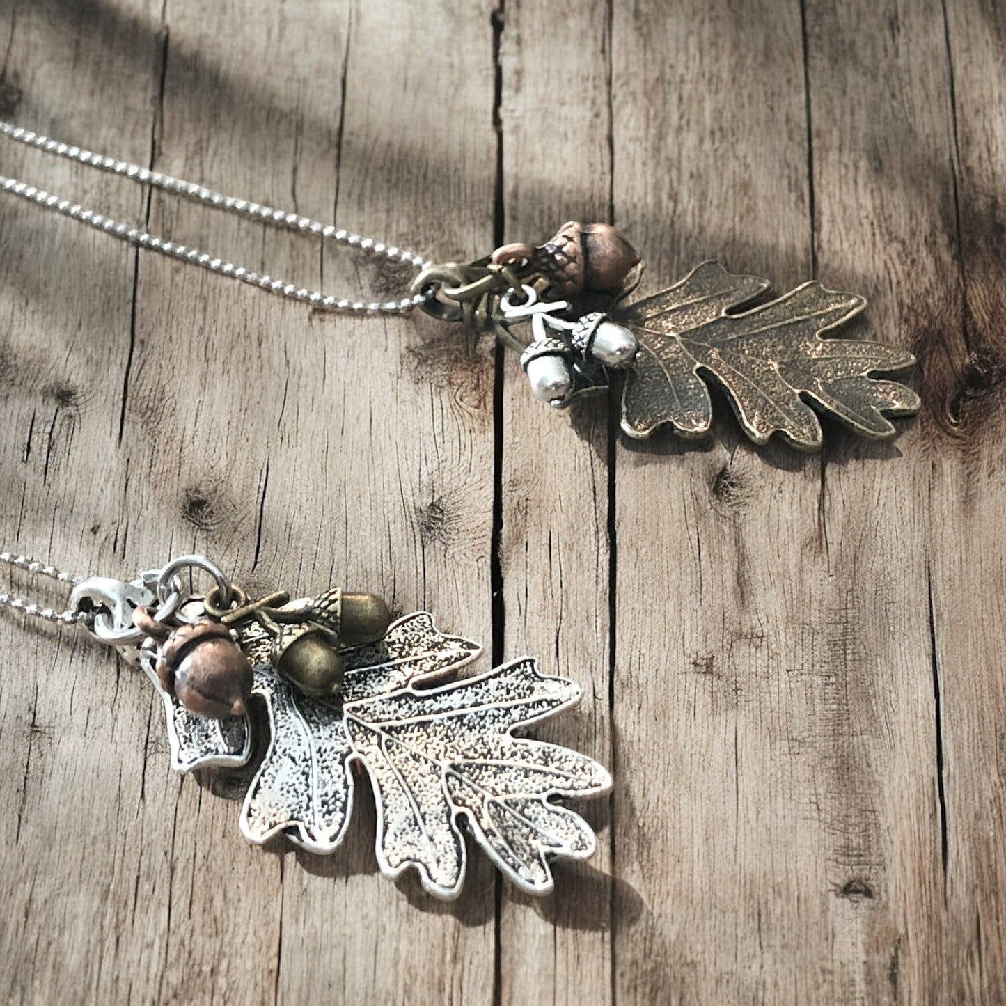 Collier Feuille de Chêne & Gland – Pendentif Forêt Ton Argent ou Bronze