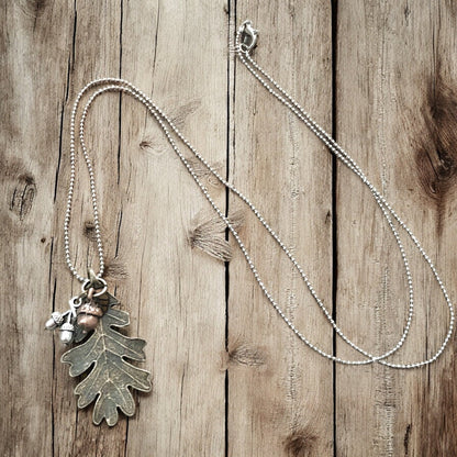 Collier Feuille de Chêne & Gland – Pendentif Forêt Ton Argent ou Bronze
