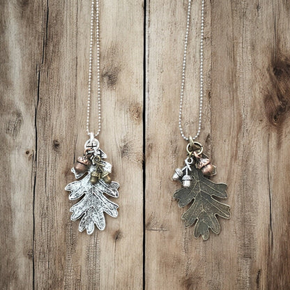 Collier Feuille de Chêne & Gland – Pendentif Forêt Ton Argent ou Bronze