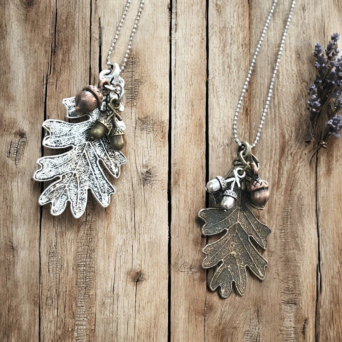 Collier Feuille de Chêne & Gland – Pendentif Forêt Ton Argent ou Bronze