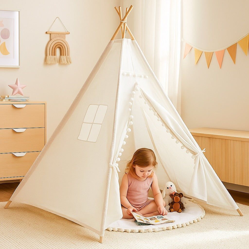 Grande tente de jeu tipi pliable en toile pour enfants avec lumières (blanc)