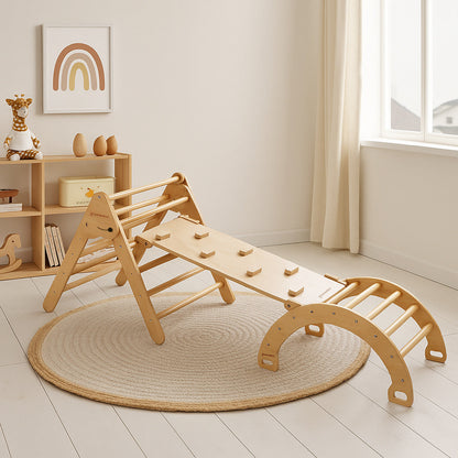 Triangle de Pikler en bois avec arche à bascule et toboggan + rampe | Aire de jeux d'escalade en bois