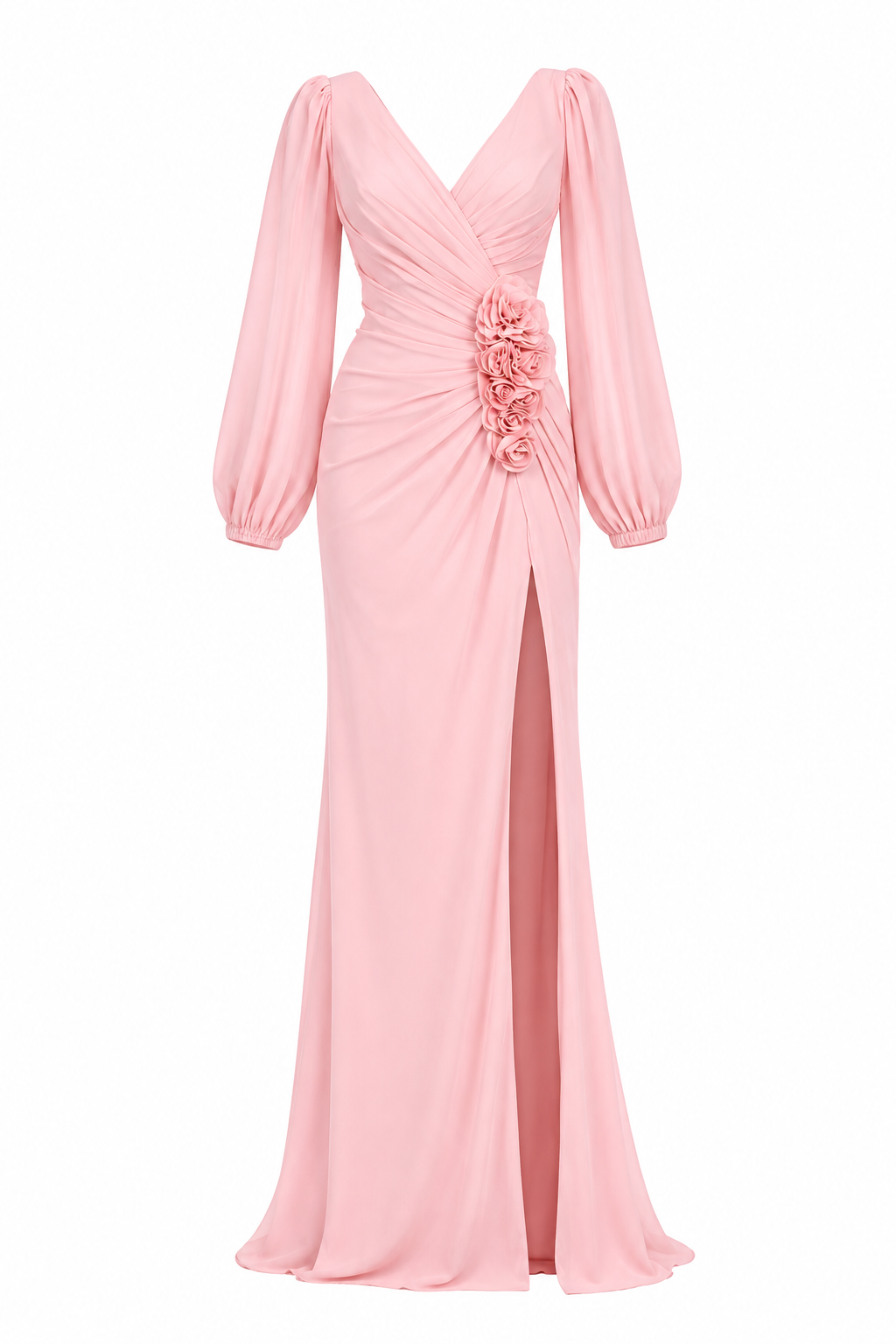 Robe longue fendue fleurie à manches longues couleur pêche – Robe de soirée élégante