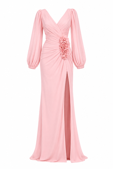 Robe longue fendue fleurie à manches longues couleur pêche – Robe de soirée élégante
