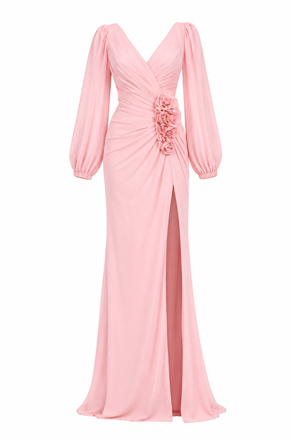 Robe longue fendue fleurie à manches longues couleur pêche – Robe de soirée élégante