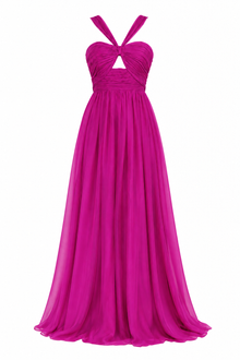 Fuchsia Plus Size Crisscross Chiffon Maxi Dress with Keyhole Front