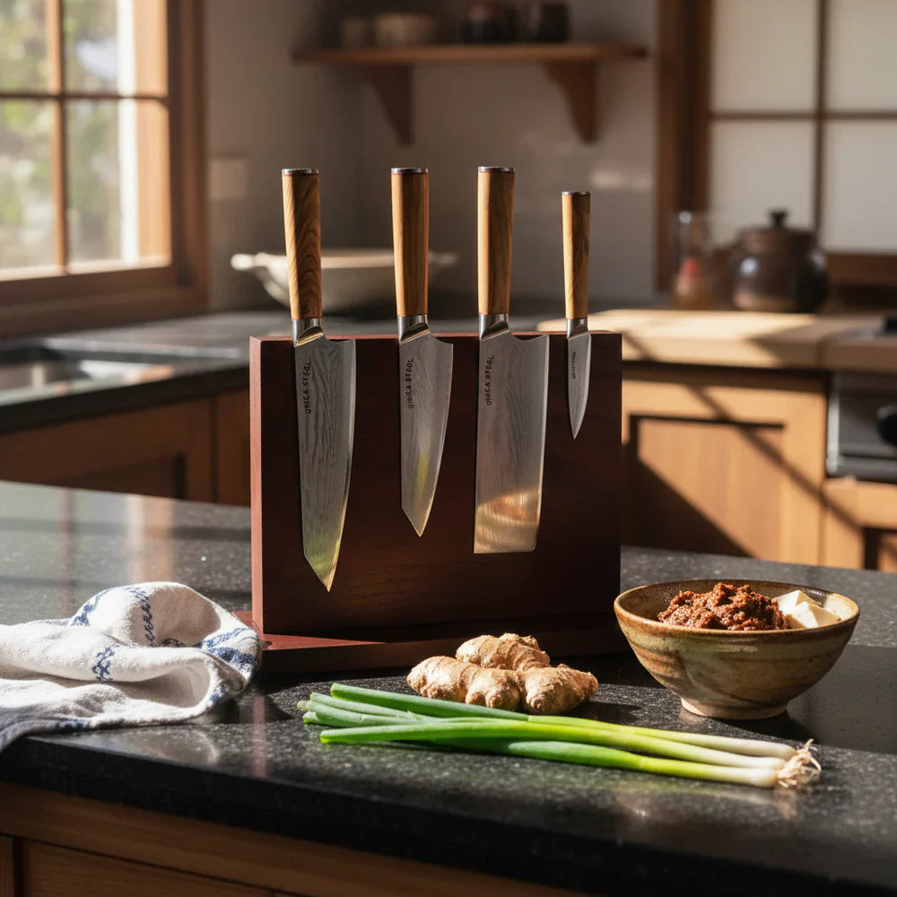 Ginza Steel Série KC MIA FIVE – Set de 5 couteaux essentiels avec bloc de bois magnétique