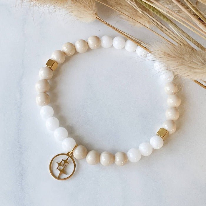 ORION | Bracelet en pierre de rivière, jade blanc et acier inoxydable