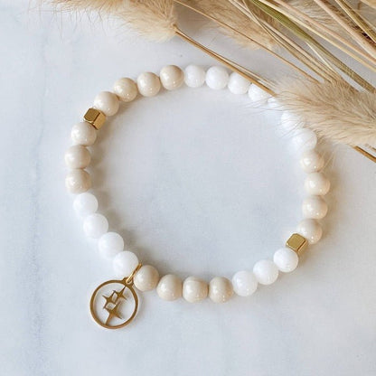 ORION | Bracelet en pierre de rivière, jade blanc et acier inoxydable