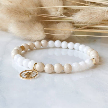 ORION | Bracelet en pierre de rivière, jade blanc et acier inoxydable