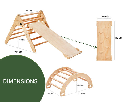 Triangle de Pikler en bois avec arche à bascule et toboggan + rampe | Aire de jeux d'escalade en bois