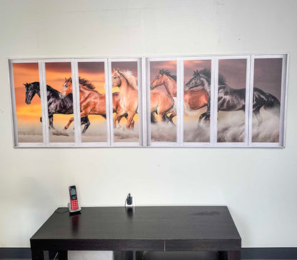 Toile imprimée panoramique Chevaux avec effet fenêtre - Imprimé animalier