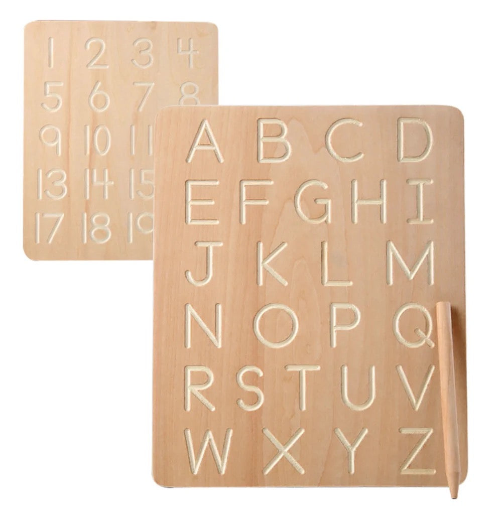 Tablette d'apprentissage en bois (alphabet et chiffres) avec stylet en bois