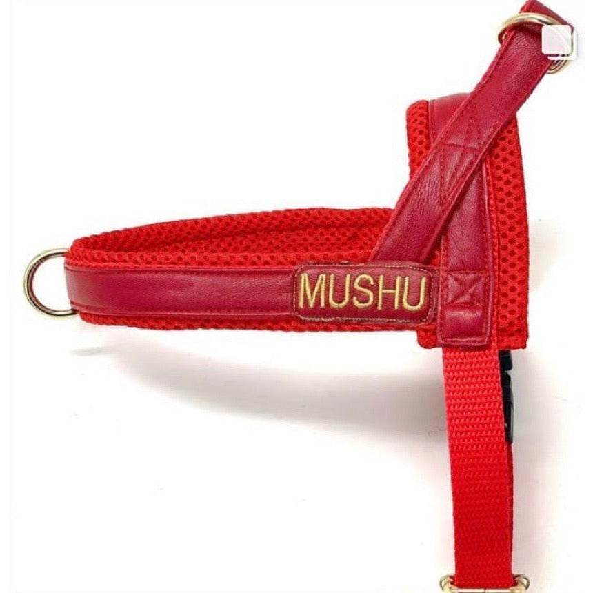 Harnais pour chien en cuir rouge cerise à attache rapide
