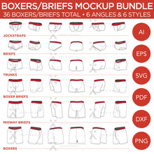 Lot de boxers/slips - Maquette et modèle, 36 au total, 6 angles, 6 styles, vectoriel en couches, détaillé et modifiable en EPS, SVG, AI, PNG, DXF et PDF