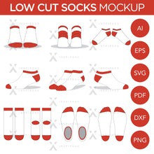 Chaussettes basses - Maquette et modèle - 11 angles, calques, vecteur détaillé et modifiable en EPS, SVG, AI, PNG, DXF et PDF