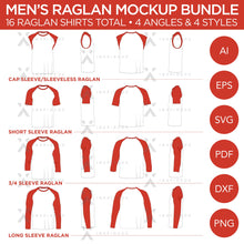 Lot de t-shirts raglan pour homme - Manches casquette, manches courtes, manches 3/4 et manches longues - Maquette et modèle - 16 t-shirts raglan au total, 4 angles, 4 styles, vectoriel en couches, détaillé et modifiable en EPS, SVG, AI, PNG, DXF et PDF