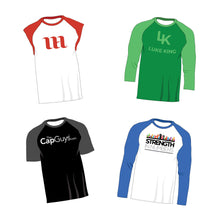 Lot de t-shirts raglan pour homme - Manches casquette, manches courtes, manches 3/4 et manches longues - Maquette et modèle - 16 t-shirts raglan au total, 4 angles, 4 styles, vectoriel en couches, détaillé et modifiable en EPS, SVG, AI, PNG, DXF et PDF