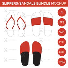 Lot de chaussons, sandales et tongs - Maquette et modèle - 2 angles, 3 styles, calques, vecteur détaillé et modifiable en EPS, SVG, AI, PNG, DXF et PDF