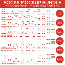 Lot de chaussettes - Maquette et modèle - 55 au total, 11 angles, 6 styles, calques, vecteurs détaillés et modifiables en EPS, SVG, AI, PNG, DXF et PDF