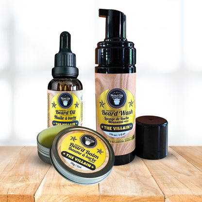 Trio "Boss de la Barbe" – The Villain (Coffret 3 Soins Barbe : Huile, Baume, Shampoing) | Tabac Épicé, Cuir Frais, Cognac Audacieux & Bourbon avec des Notes Subtiles de Vanille Crémeuse