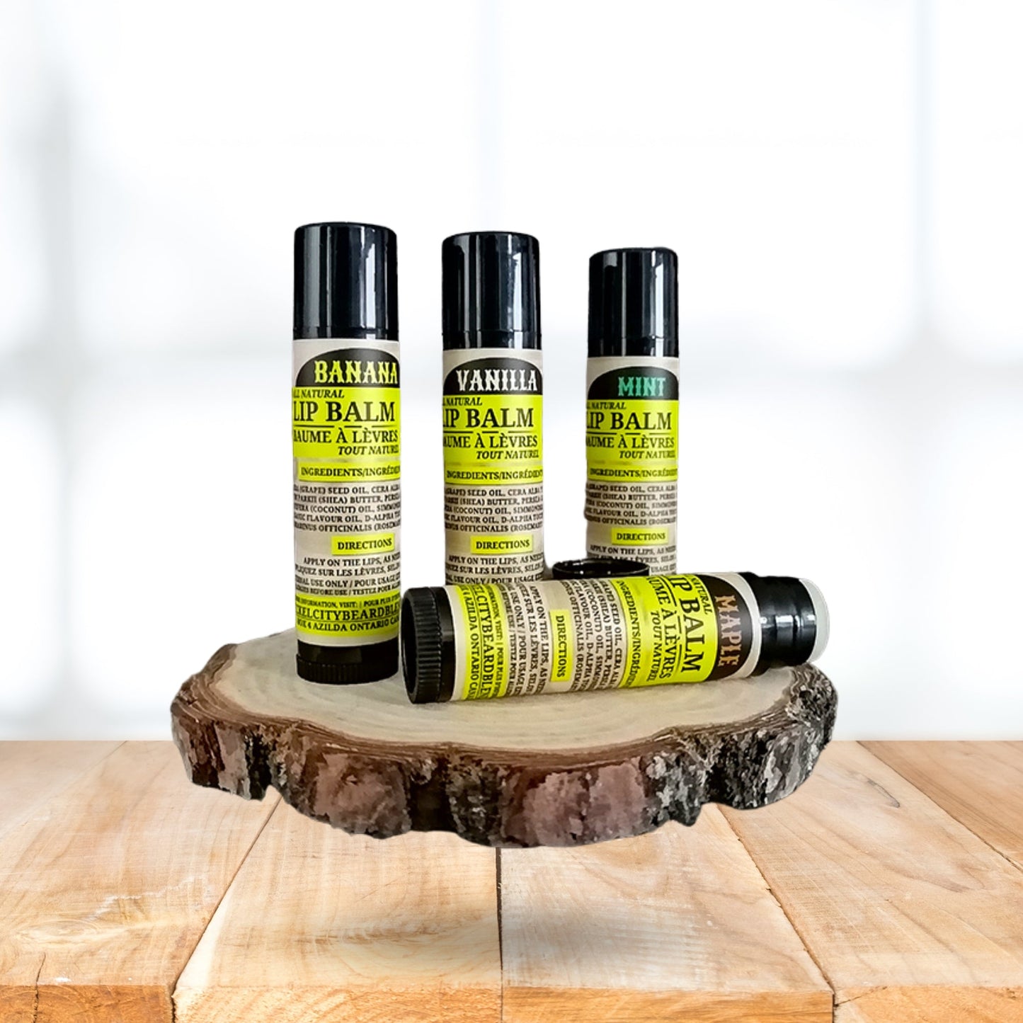 Baume à lèvres apaisant et nourrissant (4,5g) – Saveurs Banane, Vanille, Menthe & Érable | Soin des lèvres hydratant naturel