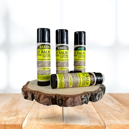 Baume à lèvres apaisant et nourrissant (4,5g) – Saveurs Banane, Vanille, Menthe & Érable | Soin des lèvres hydratant naturel
