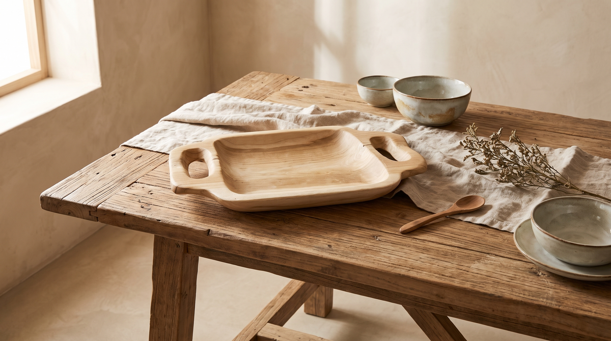 Large old wooden bowl with handles