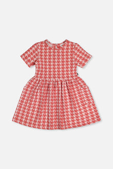 Short Sleeve Dress With Pockets Pink And White Houndstooth