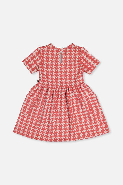 Short Sleeve Dress With Pockets Pink And White Houndstooth