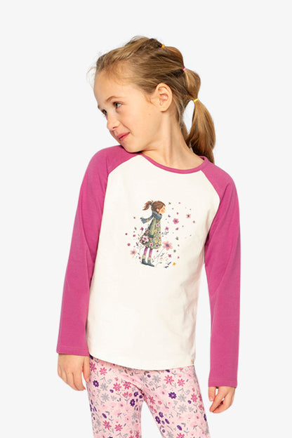 Raglan Organic Cotton T-Shirt Pinkish Violet And White