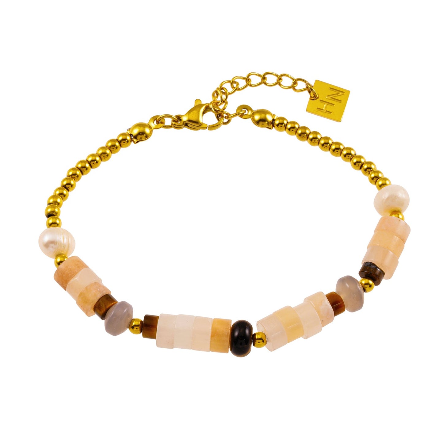 JERASA : Bracelet en pierres de calcédoine, perles d'eau douce et perles dorées.