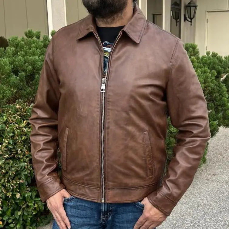 Blouson en cuir d'agneau style James Dean avec boucles latérales