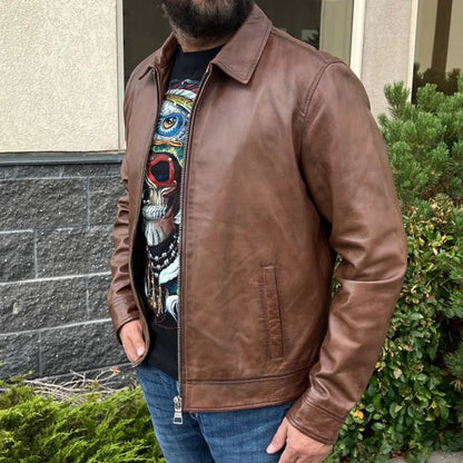 Blouson en cuir d'agneau style James Dean avec boucles latérales