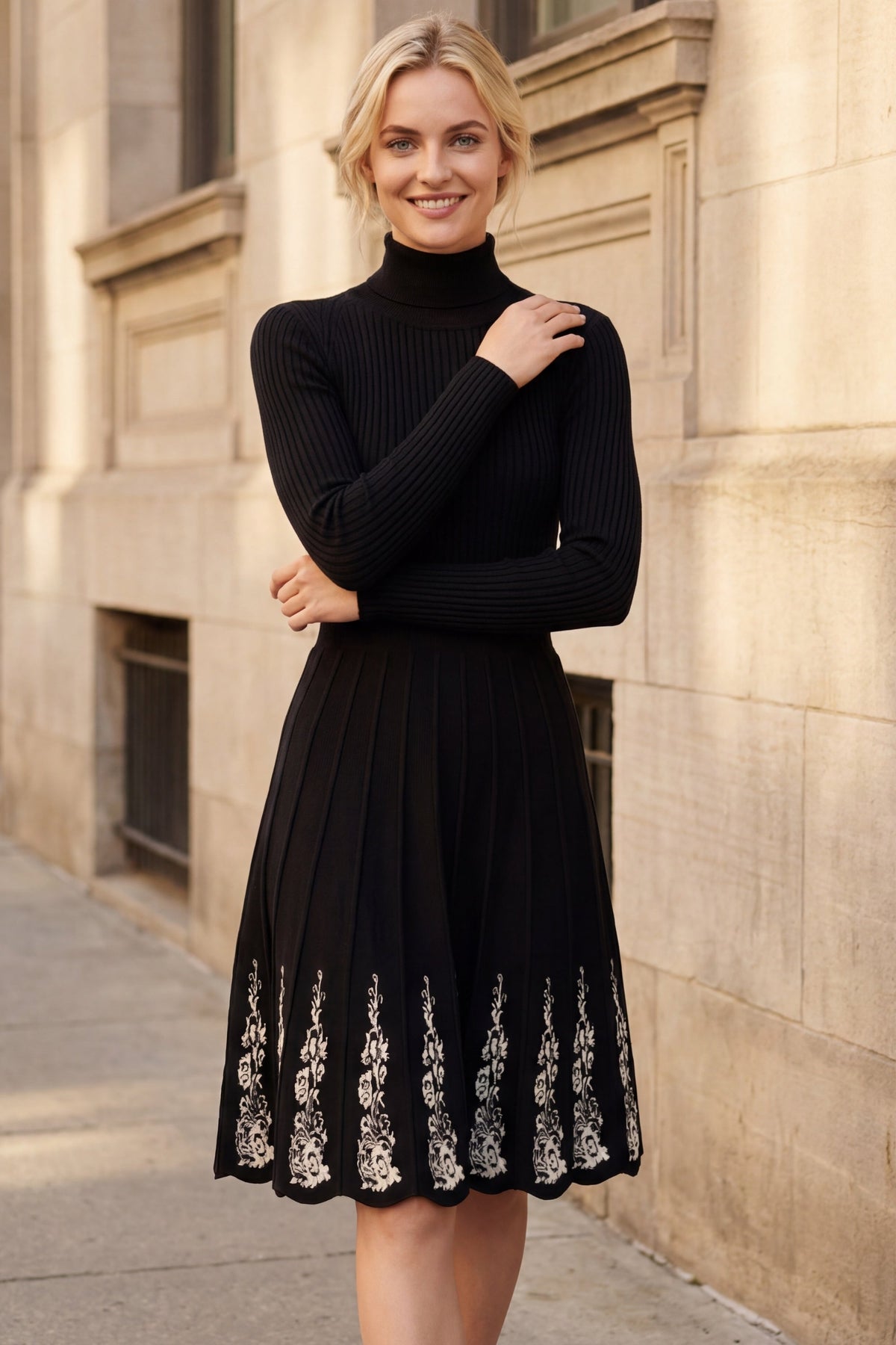 Jeanne Turtleneck Black Dress Floral