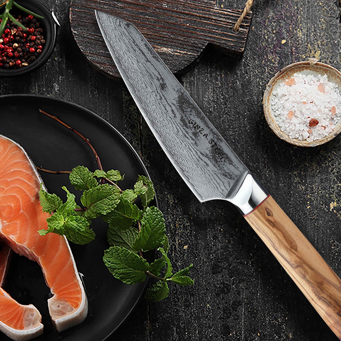 Couteau de chef Ginza Steel MIA 17 6,5" – Acier Damas AUS10, 67 couches, manche en bois d'olivier