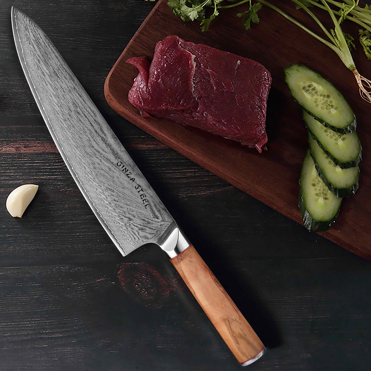 Couteau de chef Ginza Steel MIA 24 9" – Damas AUS10, 67 couches, manche en bois d'olivier