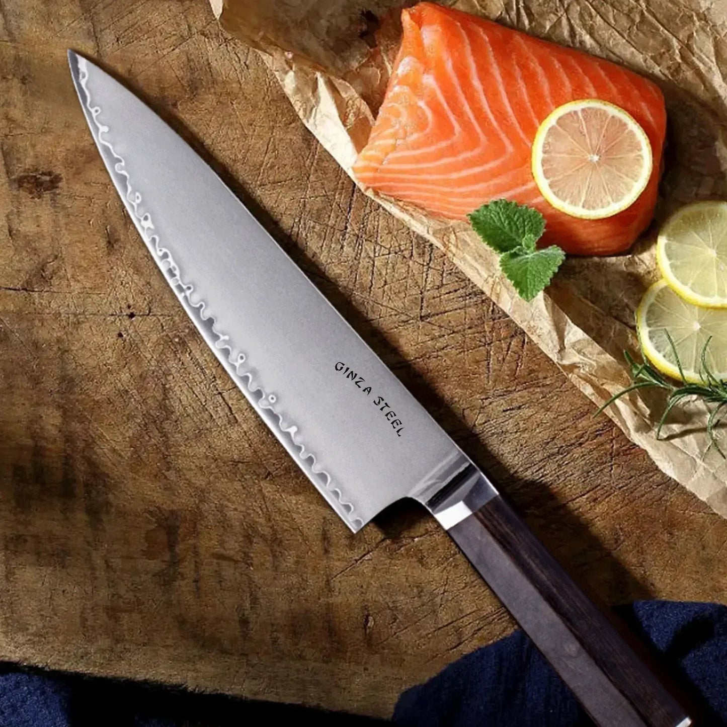 PORTIA 20 | Couteau de chef 20 cm Acier Damas VG10 / Manche en bois d'ébène