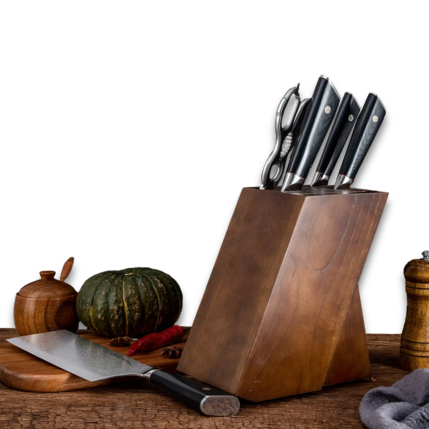 HAGAKURE SIX | Ensemble de 6 couteaux essentiels | 4 couteaux, 1 paire de ciseaux avec bloc de bois