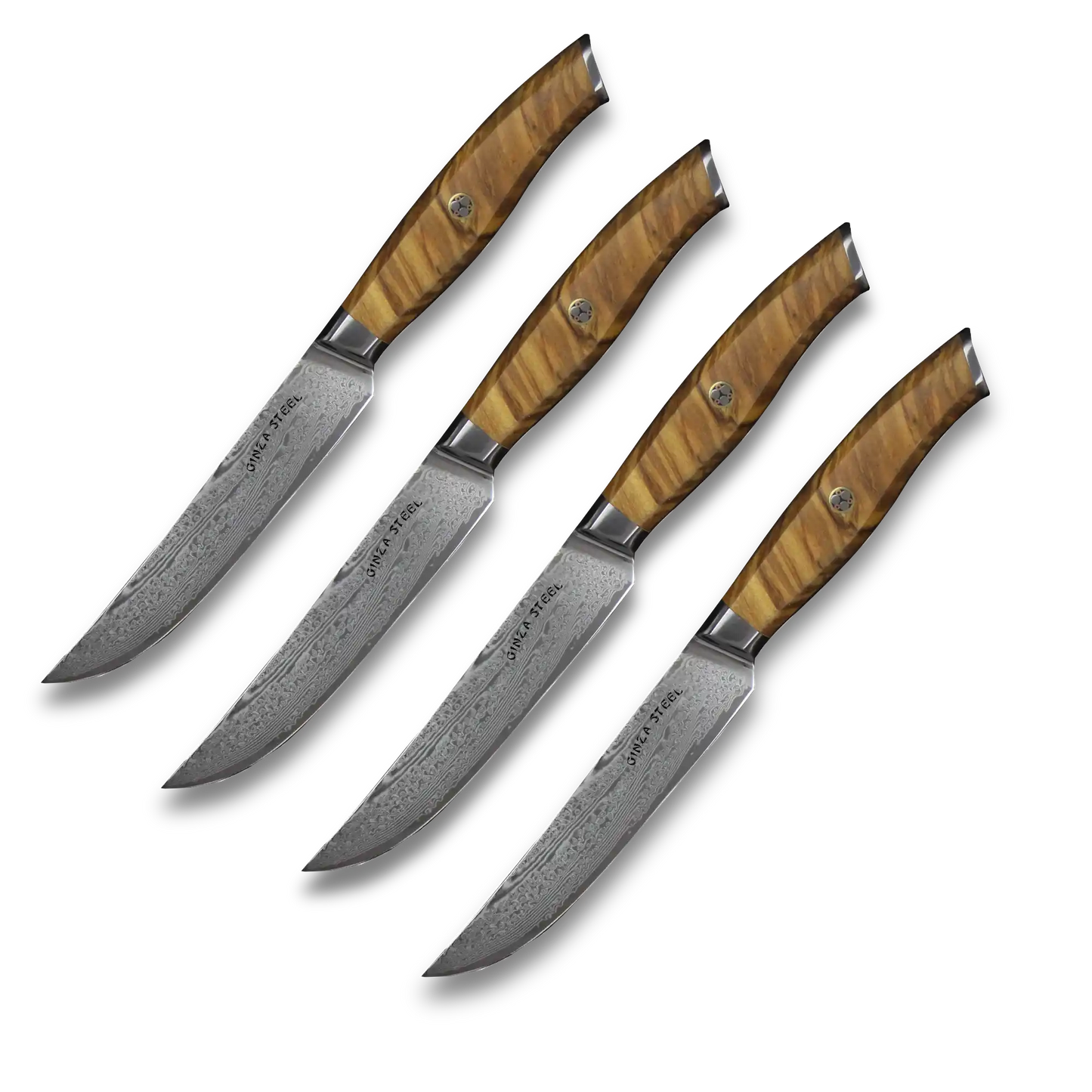 Ginza Steel AMELIA Five – Ensemble de 4 couteaux à steak en acier Damas VG10 avec bloc en bois