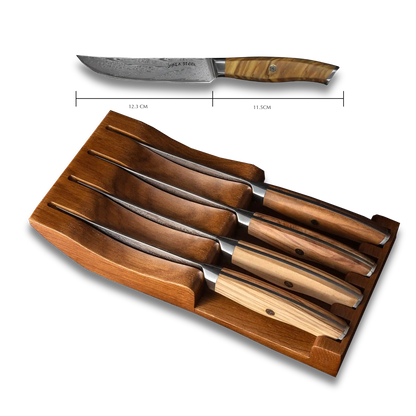 Ginza Steel AMELIA Five – Ensemble de 4 couteaux à steak en acier Damas VG10 avec bloc en bois