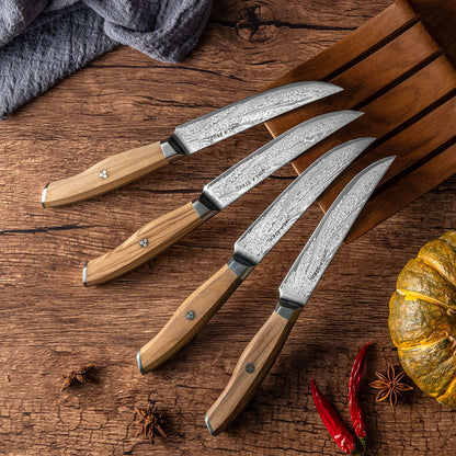 Ginza Steel AMELIA Five – Ensemble de 4 couteaux à steak en acier Damas VG10 avec bloc en bois