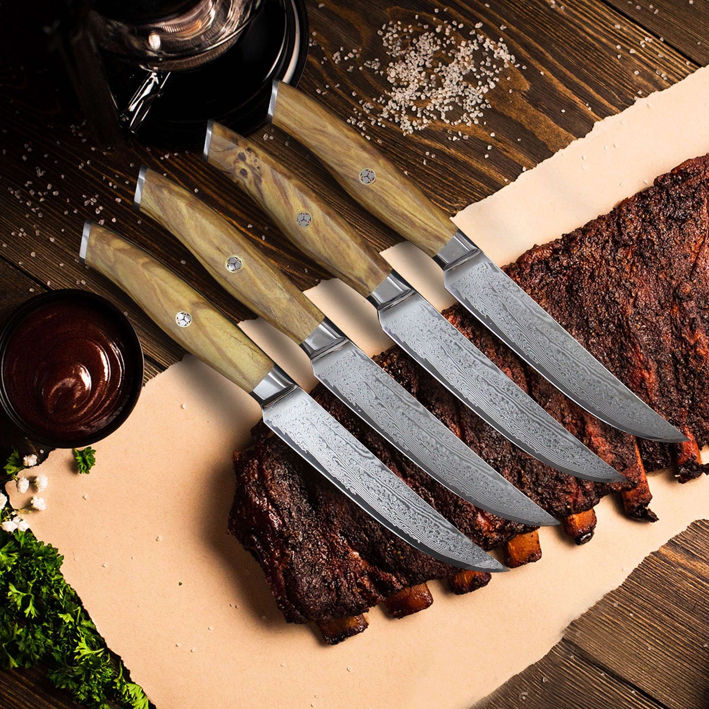 Ginza Steel AMELIA Five – Ensemble de 4 couteaux à steak en acier Damas VG10 avec bloc en bois