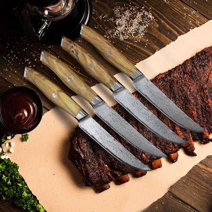 Ginza Steel AMELIA Five – Ensemble de 4 couteaux à steak en acier Damas VG10 avec bloc en bois